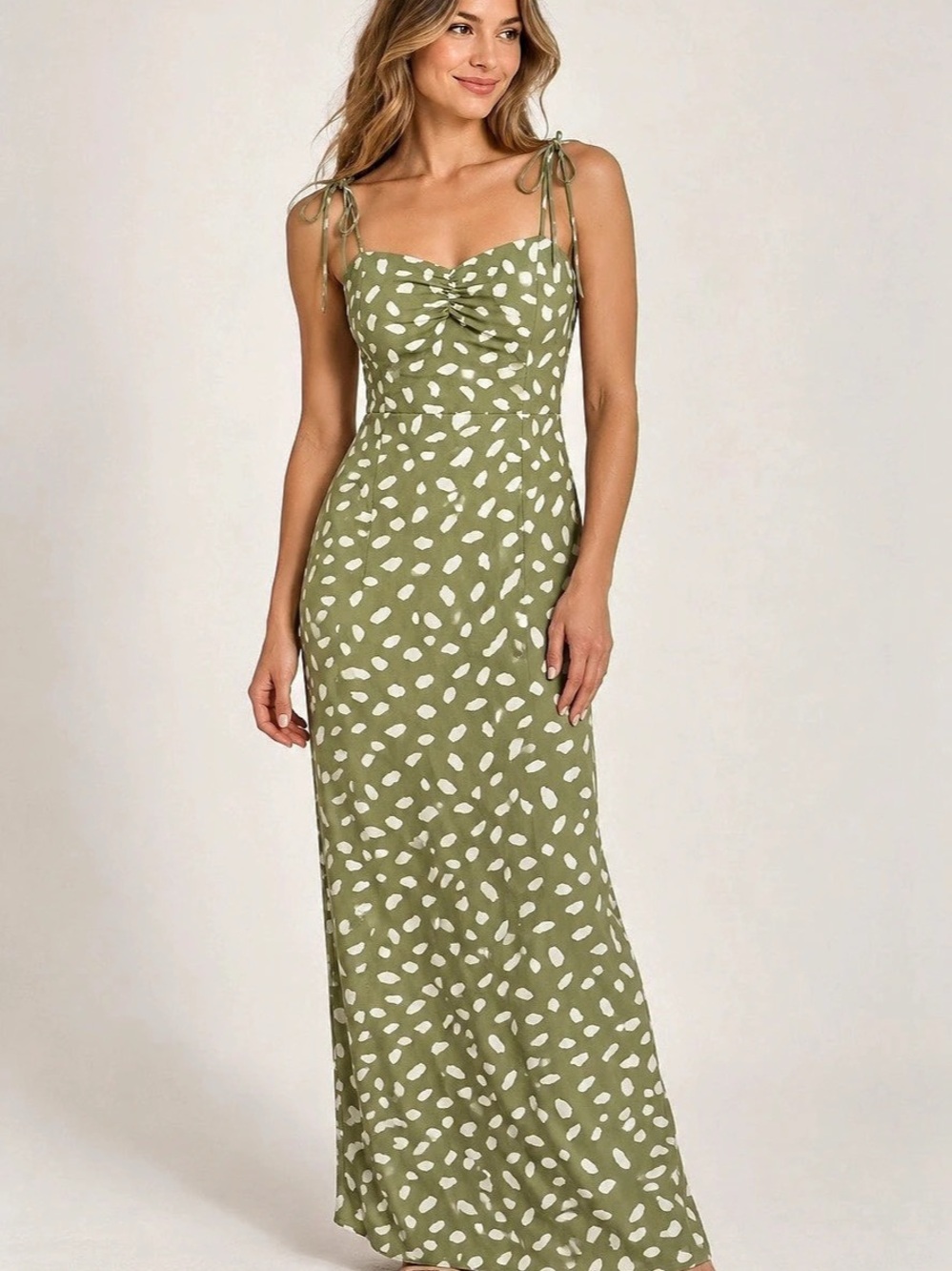 Lulus Lulu's Olive & White Printed Tie-Strap Midi Dress Green & White Large